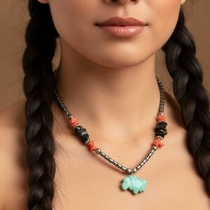 Native American coral onyx hematite turquoise Buffalo necklace vintage j…